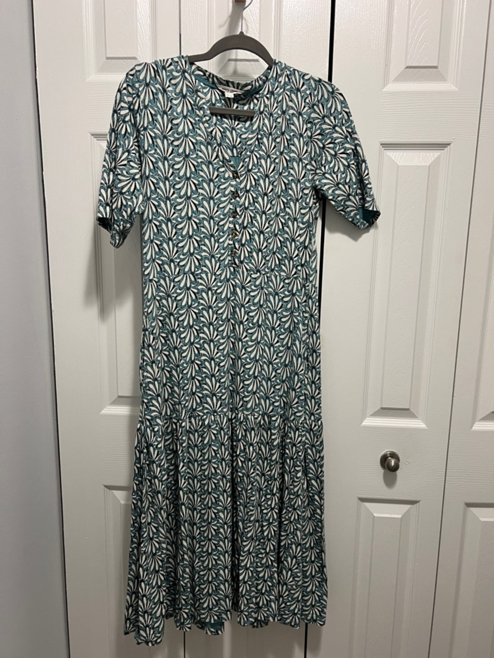 Teal and White Floral Maxi Dress with Button Front